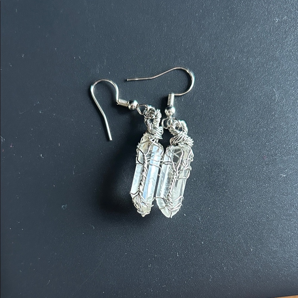 Handmade Silver Plated Copper Wire “Tree of Life”Wrapped Quartz Crystal Earrings